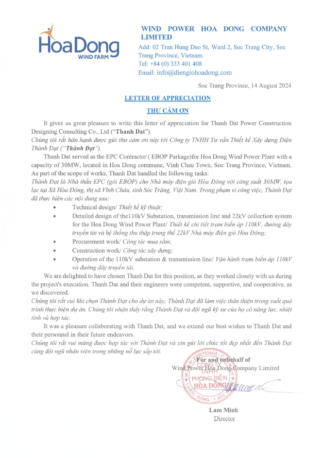 THƯ CẢM ƠN DỰ ÁN NMĐG HÒA ĐÔNG (30MW)